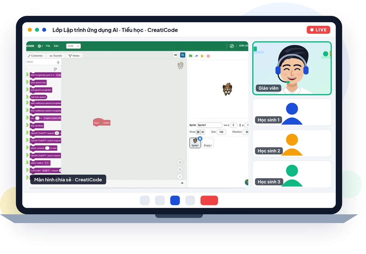 Minh hoạ lớp lập trình online qua ClassIn: giáo viên dạy trực tiếp, học sinh cùng làm trên CreatiCode